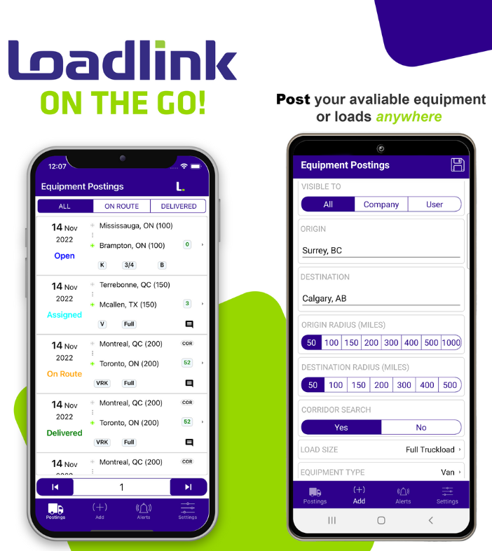 this image shows a mobile version of the loadlink load board and shows users tht they can use the application on mobile devices