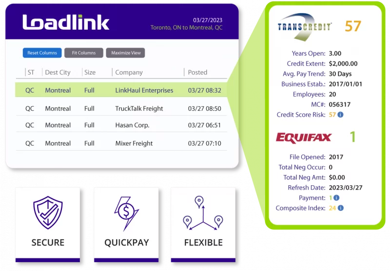 this is an example of the Equifax quick pay feature available on the loadlink load board