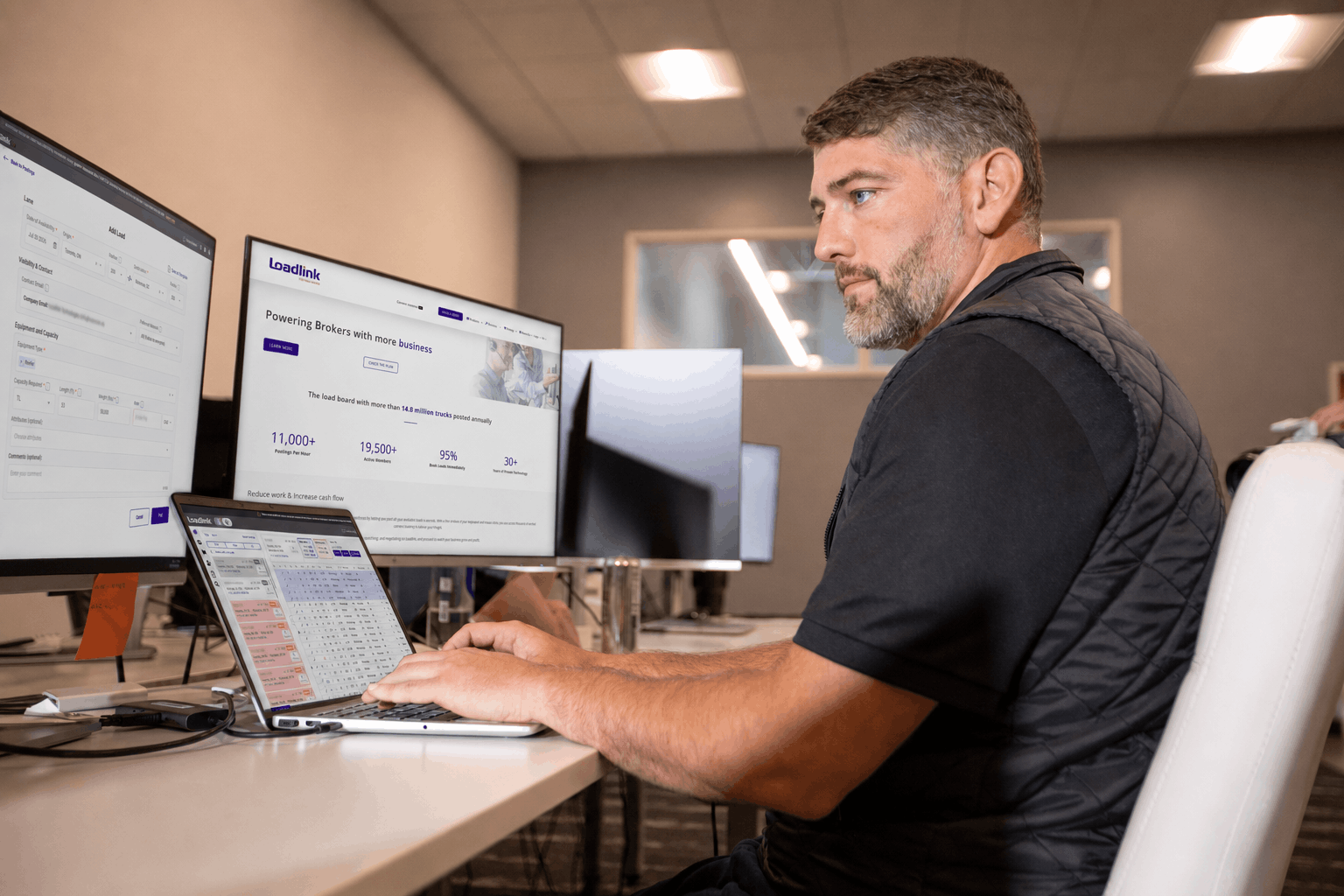 Freight broker using Loadlink’s load board and posting tools across multiple office screens.